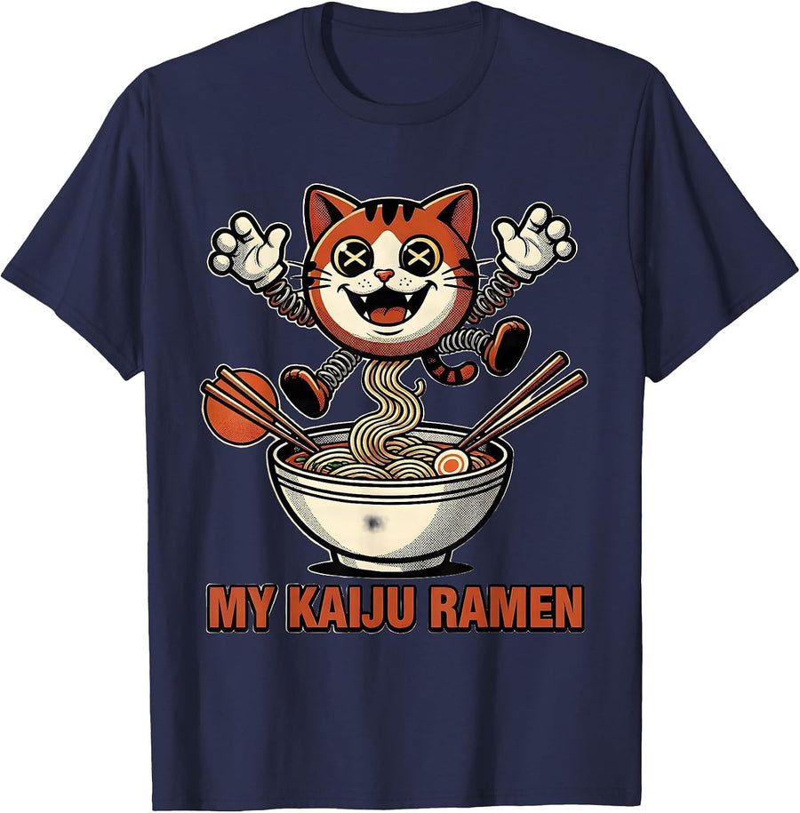 My Kaiju Ramen Retro Cartoon Anime Cat Ramen Lover Gift T-Shirt - Navy Blue