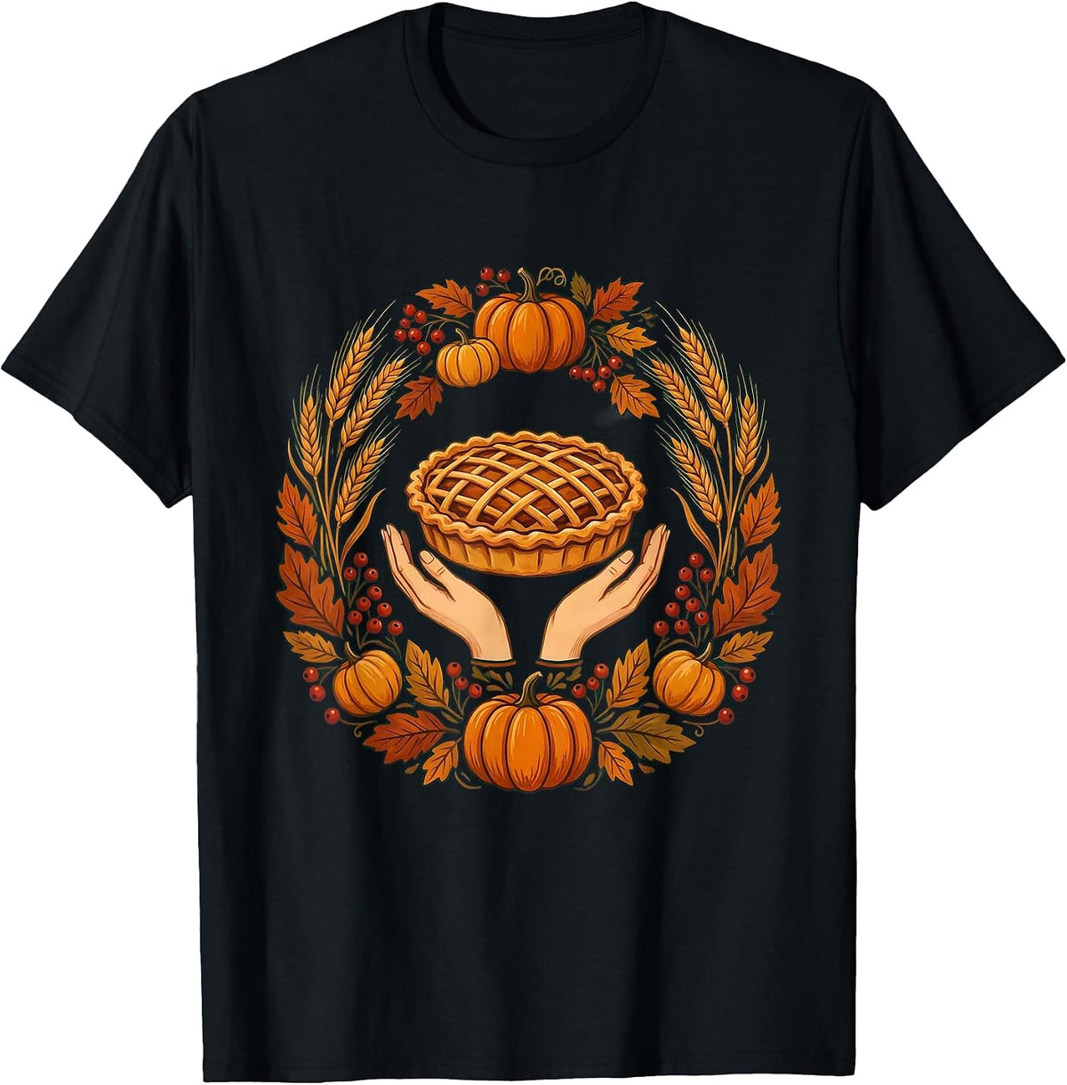 Men's Thanksgiving Pie Cradling Hands Graphic Design T-Shirt - Black