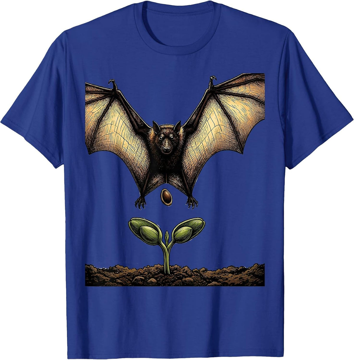 Men's Three-Quarter Fruit Bat Vintage Nature Illustration T-Shirt - Royal Blue