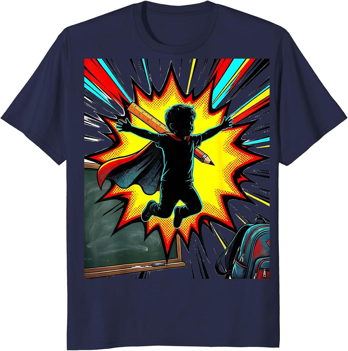 Leaping Child Pop Art Teacher Appreciation Back To School T-Shirt - Navy Blue