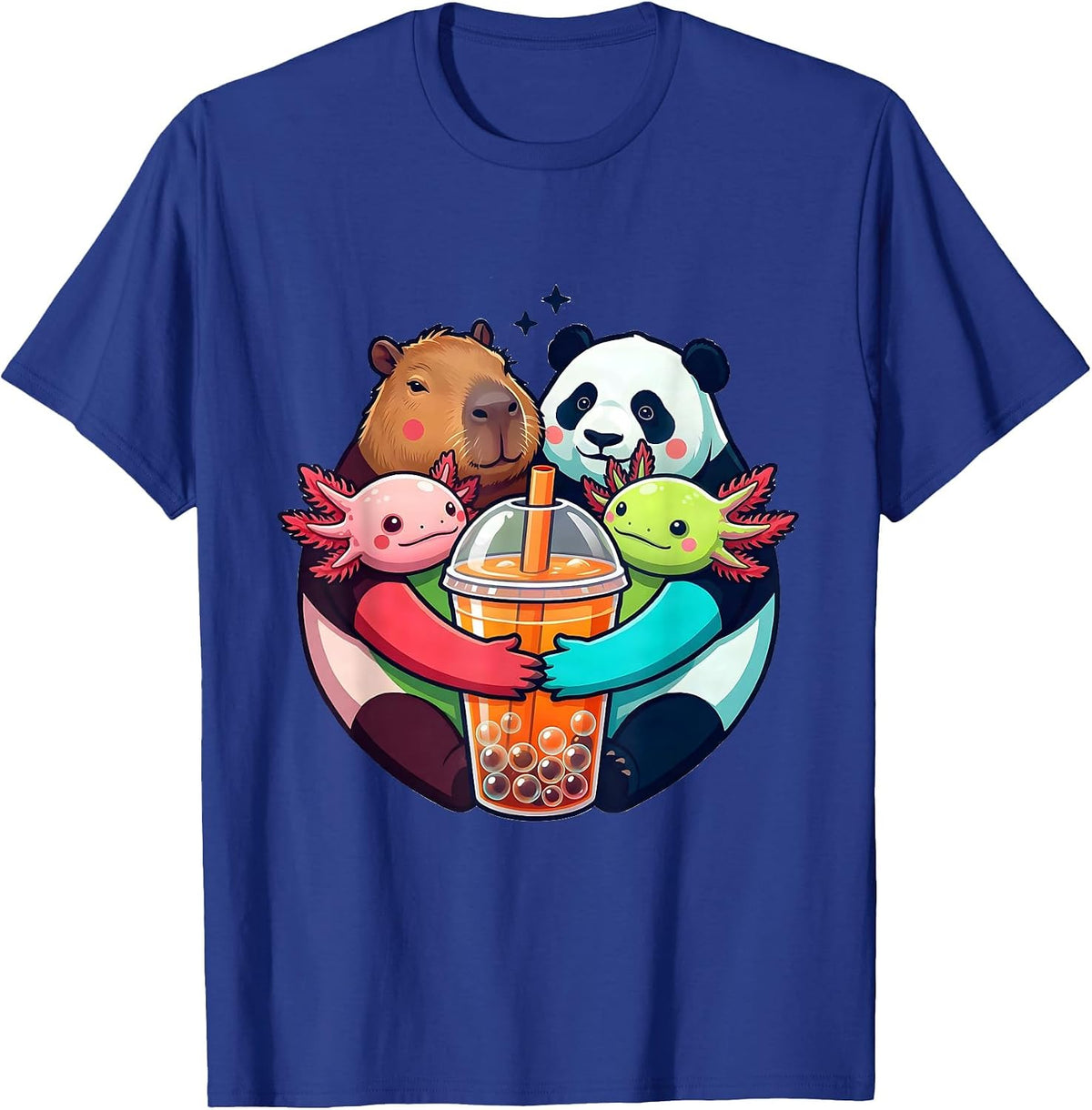 Men's Cute Chibi Capybara Panda Axolotl Boba Tea Kawaii Anime T-Shirt - Royal Blue
