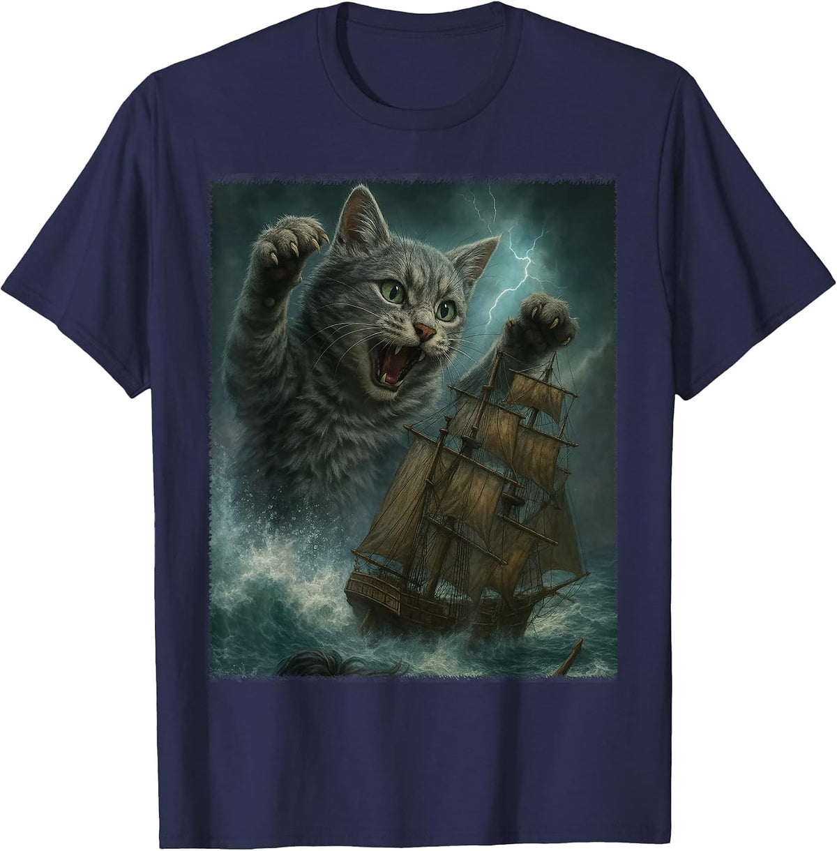 Giant Cat as Kraken Sea Monster Attack Pirate Ship in Ocean T-Shirt - Navy Blue