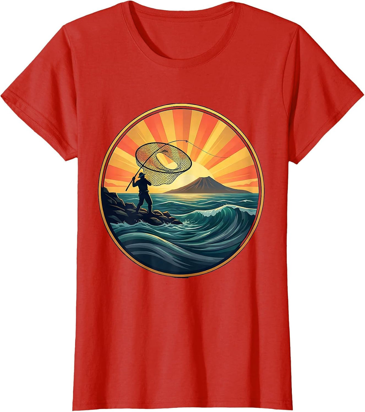 Hawaii Fisherman Casting Net Golden Sunrise T-Shirt - Red