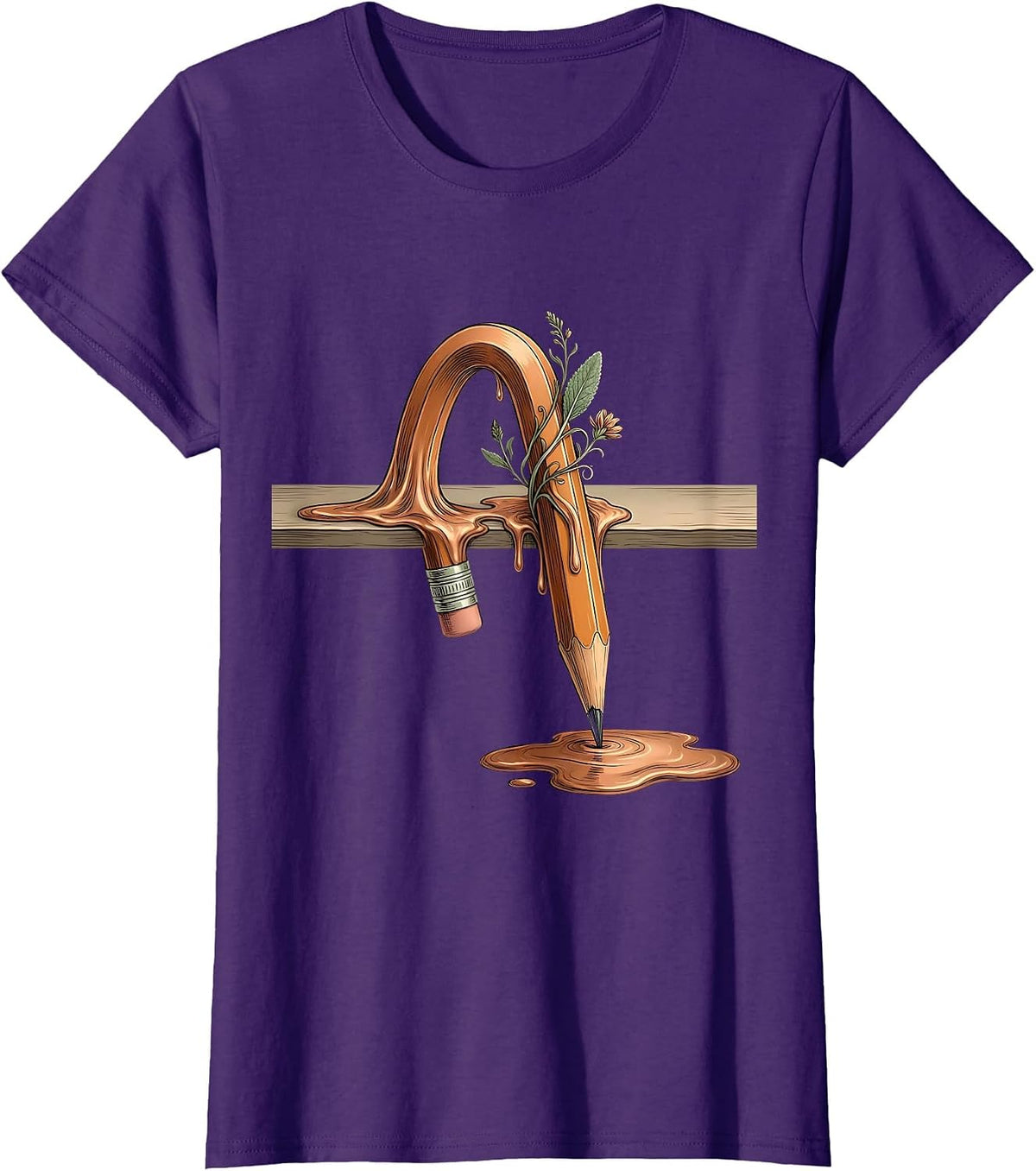 Women's TGIF Melting Pencil Surreal Teacher Art T-Shirt - Purple