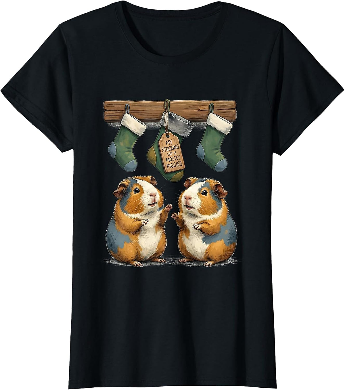 Women's My Stocking List Is Mostly Piggies Storybook Guinea Pig T-Shirt - Black