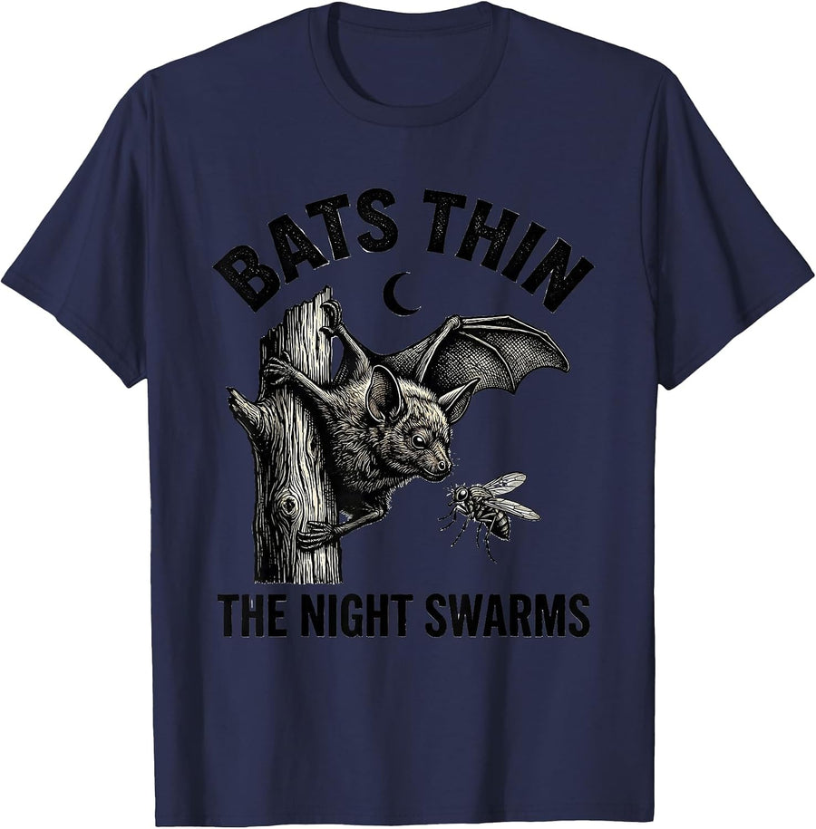 Bats Thin The Night Swarms Vintage Bat Lover Halloween Humor T-Shirt - Navy Blue