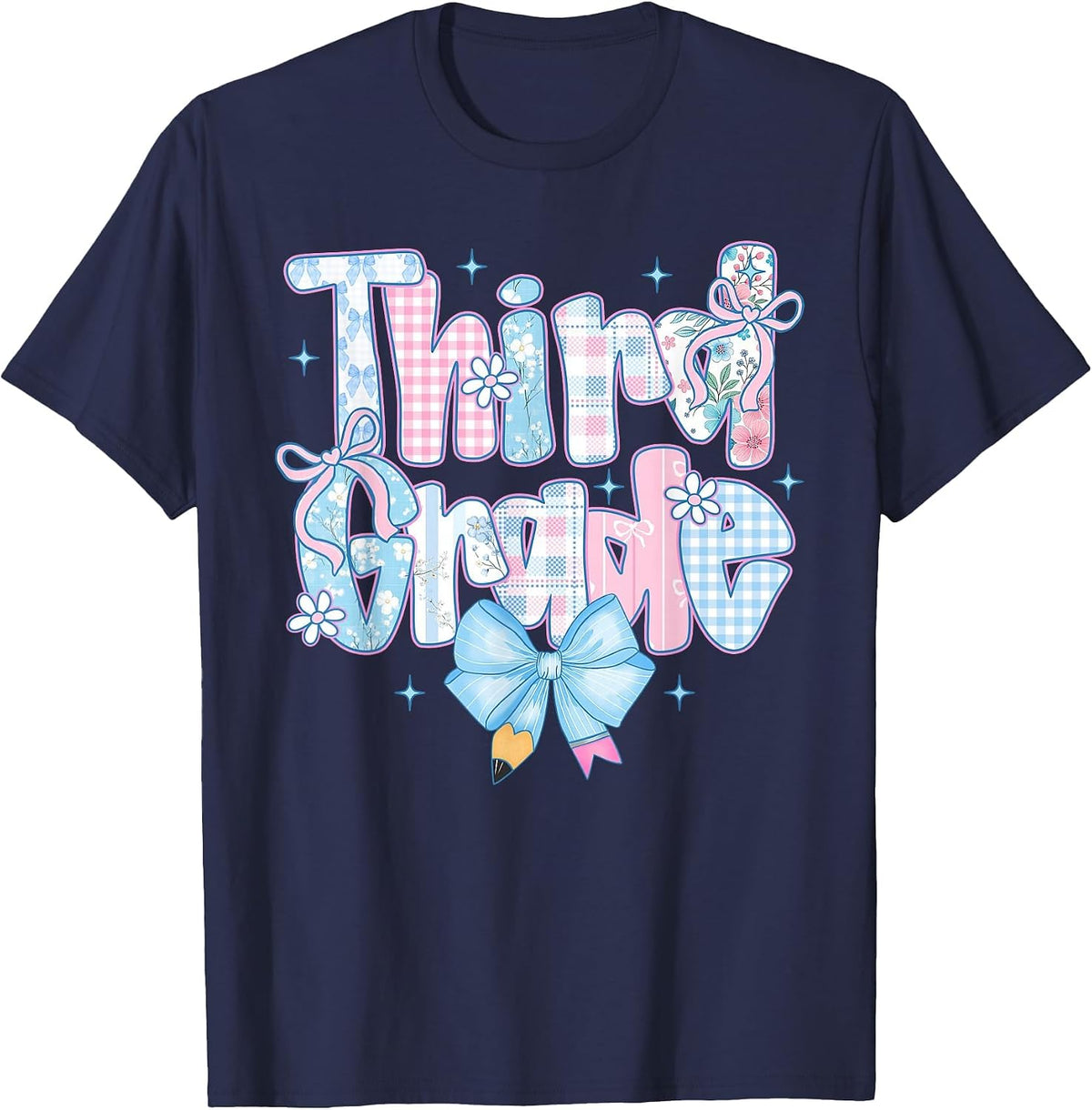 Preppy Bow Third Grade Back to School 3rd Grade Teacher Girl T-Shirt - Navy Blue