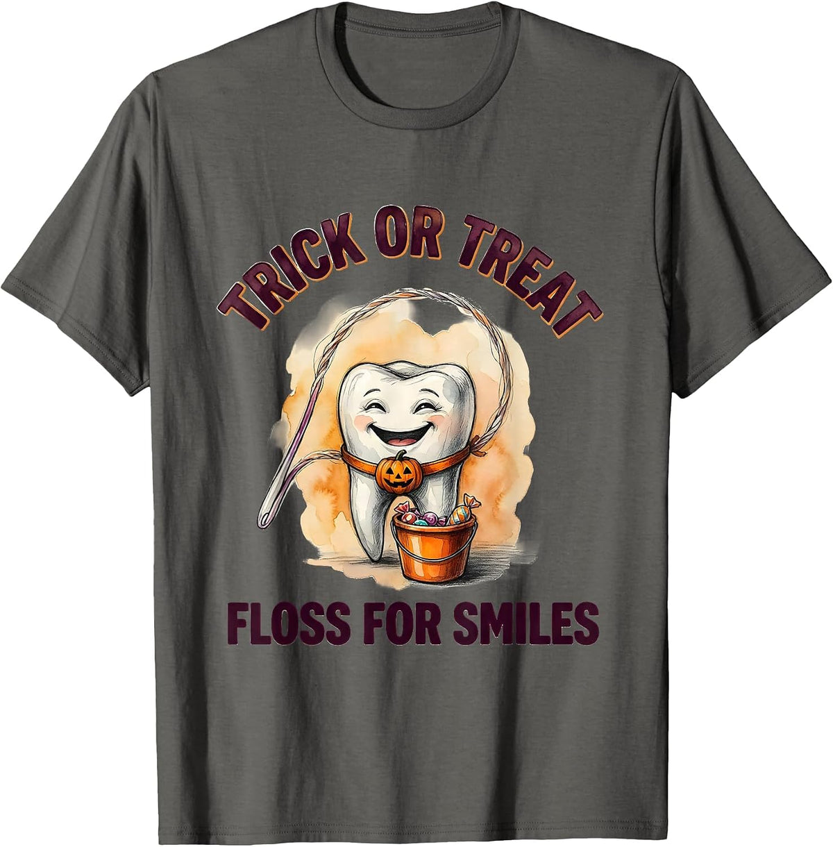 Men's Trick Or Treat Floss For Smiles Watercolor Dental Humor T-Shirt - Asphalt Grey