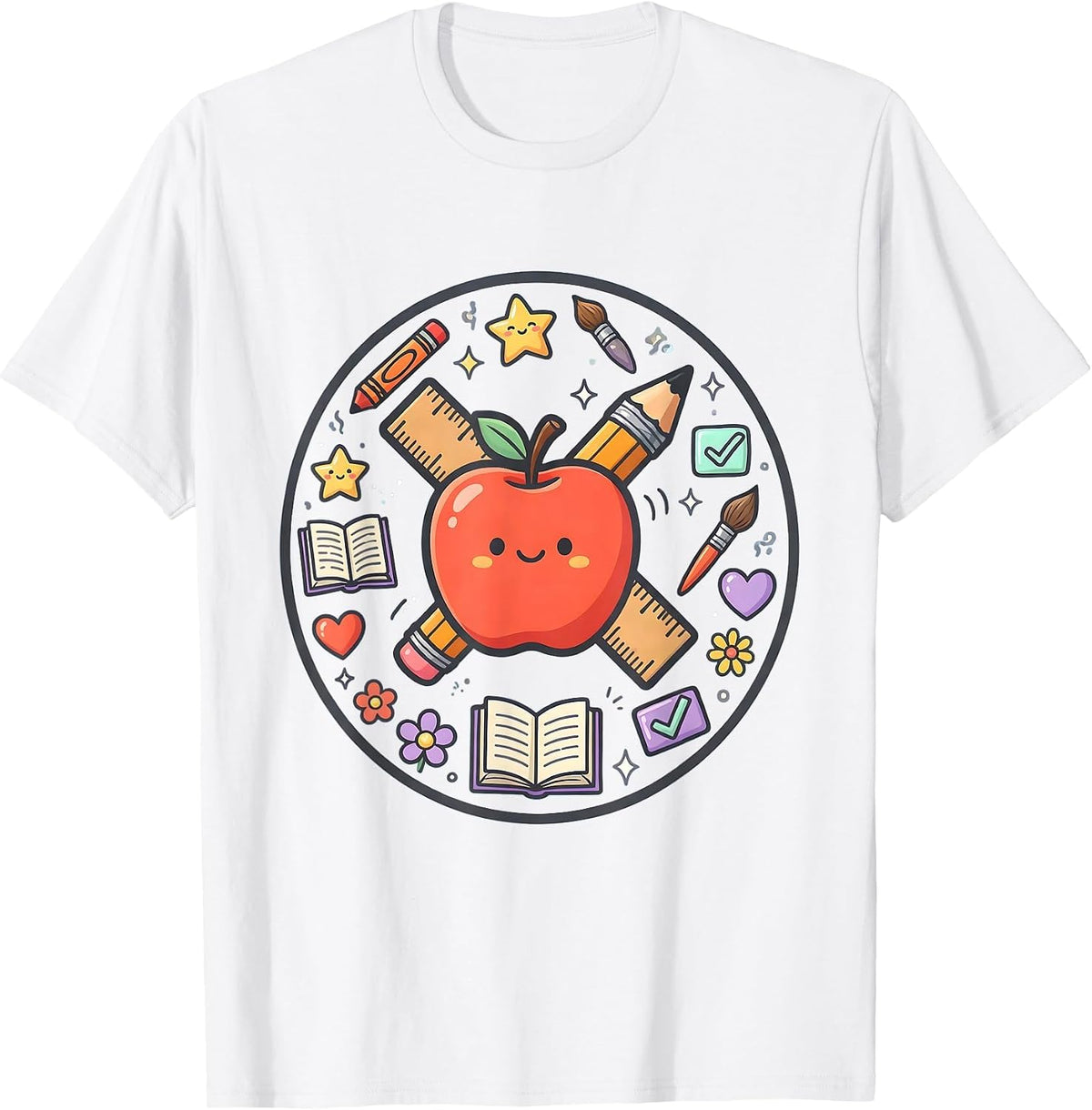Kindergarten Teacher Apple Ruler Pencil Graphic T-Shirt - White