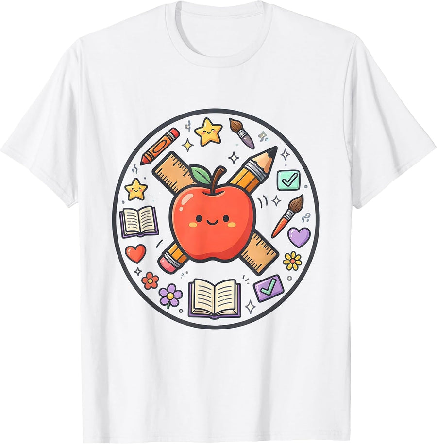 Kindergarten Teacher Apple Ruler Pencil Graphic T-Shirt - White