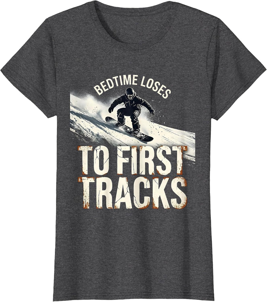 Women's Bedtime Loses To First Tracks Distressed Snowboarder Winter T-Shirt - Dark Heather Grey