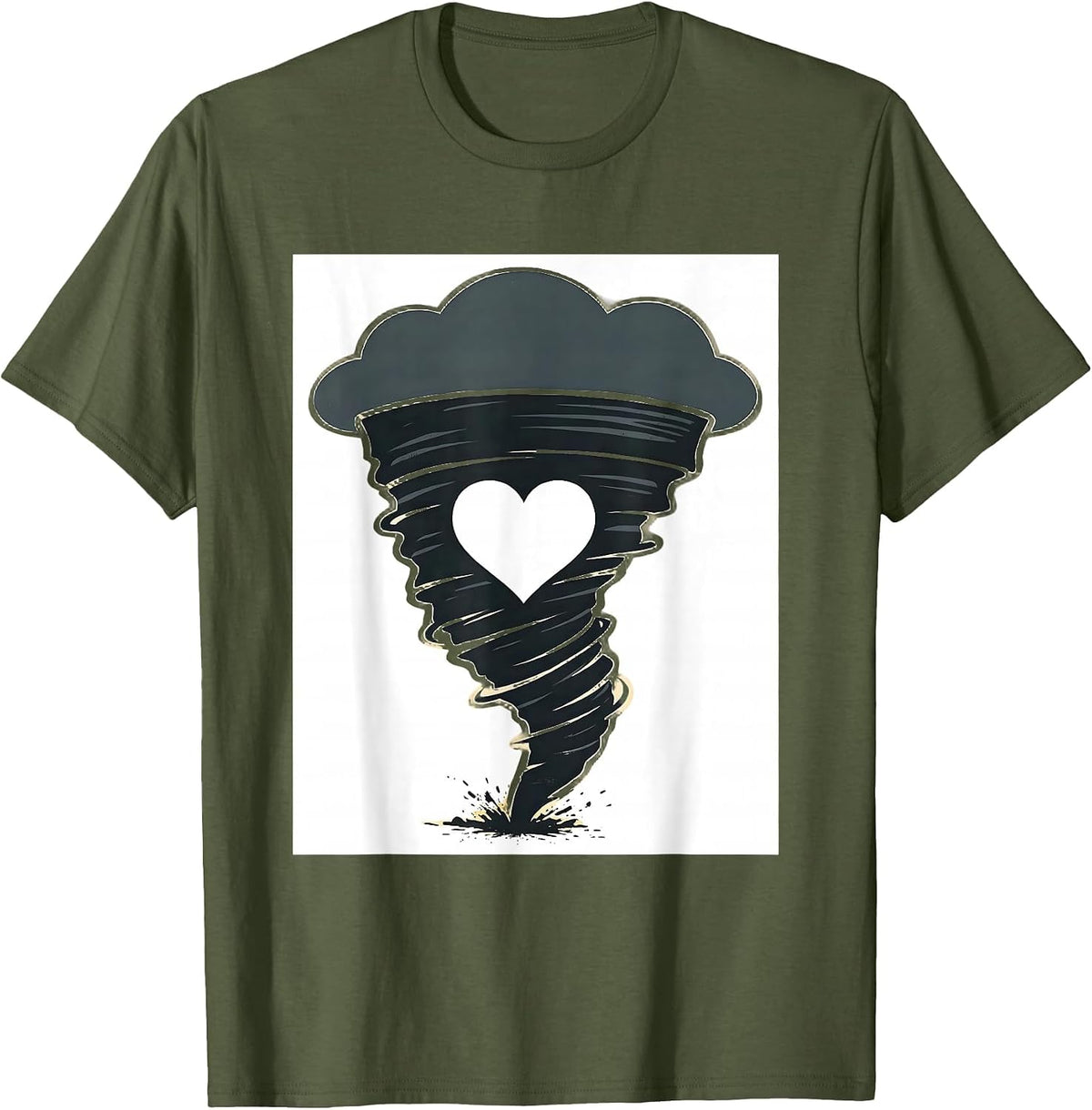 Men's Tornado Funnel Heart Screenprint Storm Chaser Meteorology T-Shirt - Olive Green