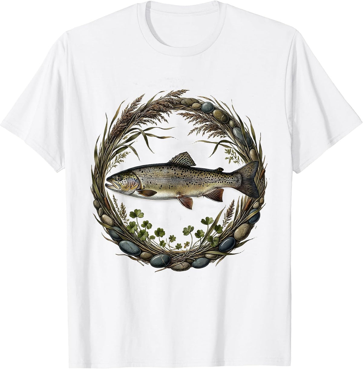 Men's Trout Swimming Upstream Rocky Waterfall Design T-Shirt - White