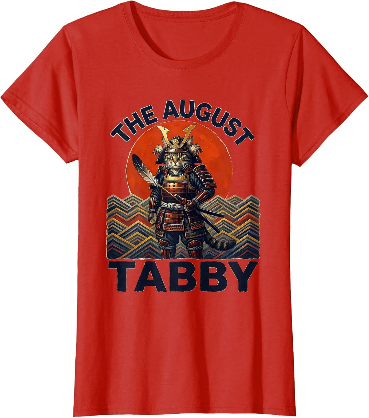 The August Tabby Funny Samurai Cat Anime Art Vintage Graphic T-Shirt - Red