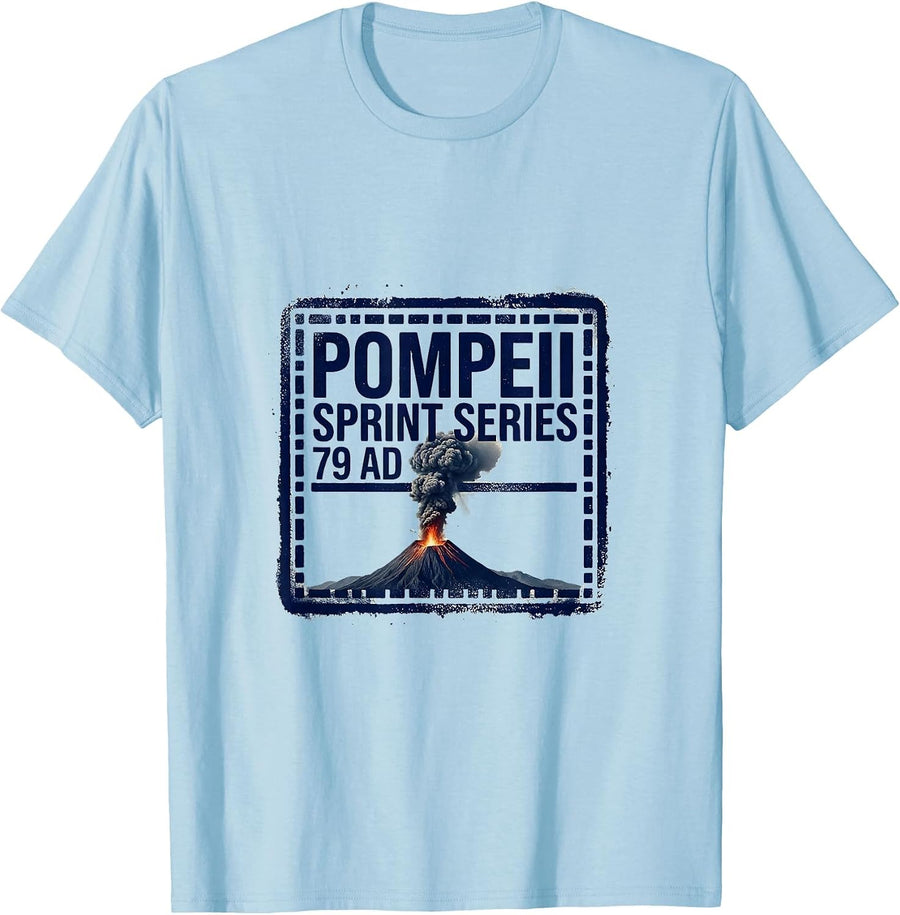 Men's Pompeii Sprint Series 79 AD Funny Volcano History Humor T-Shirt - Baby Blue