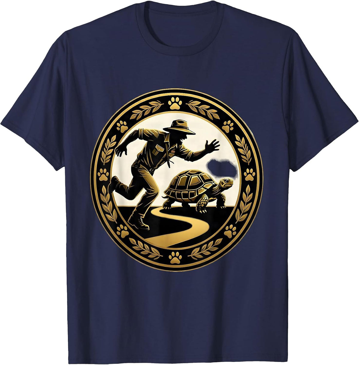 Men's Zookeeper Chasing Runaway Tortoise Funny Zoo T-Shirt - Navy Blue