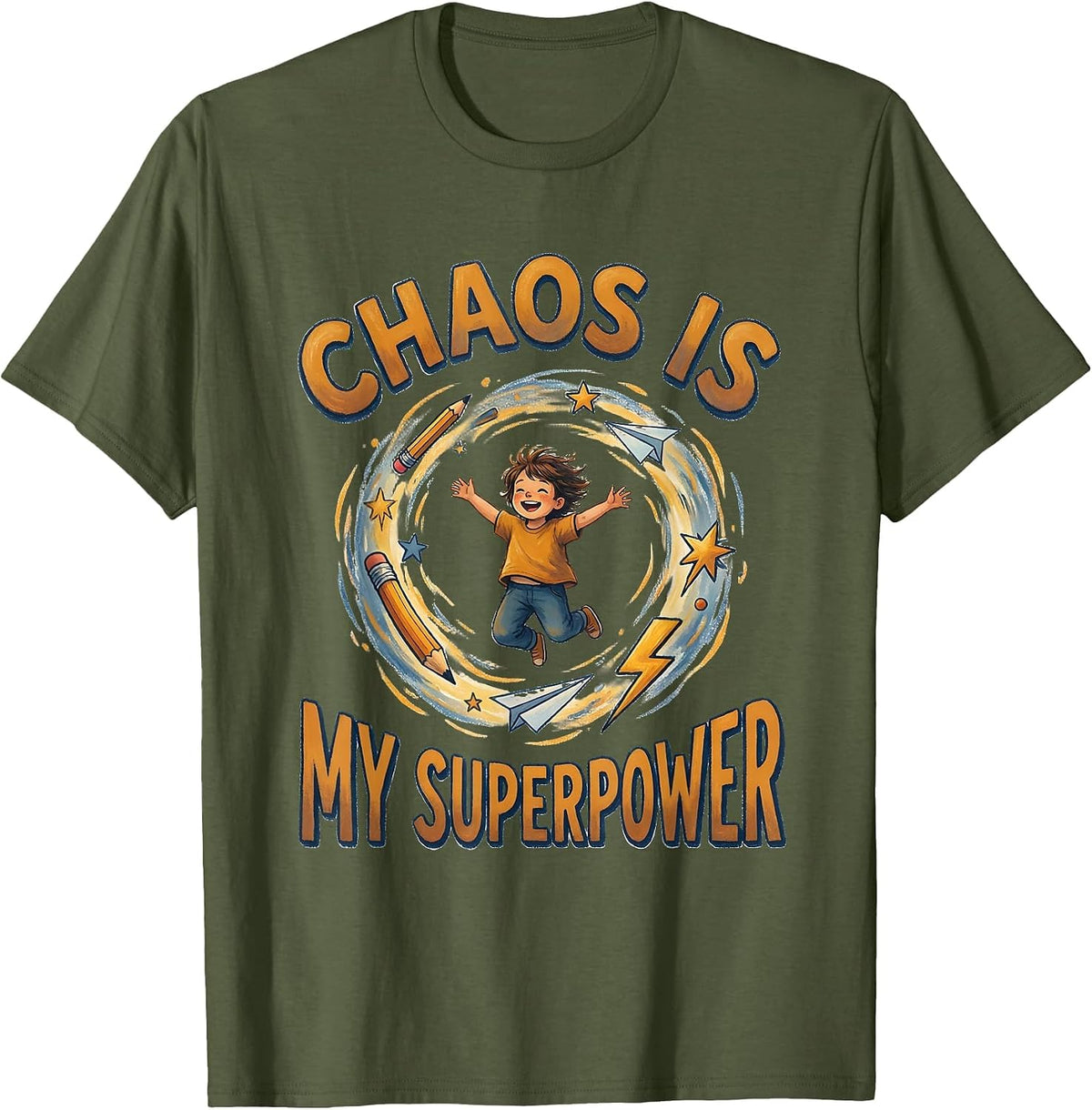 Chaos Is My Superpower ADHD Awareness Design T-Shirt - Olive Green