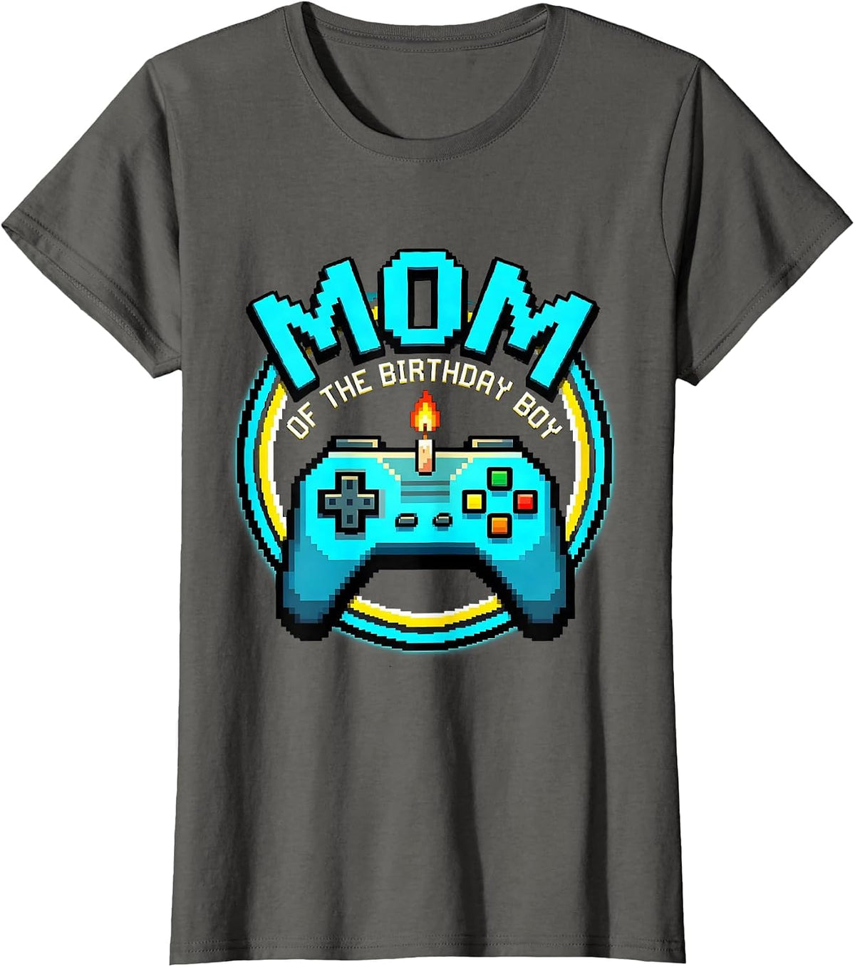 Women's Mom Of The Birthday Boy Pixel Art Video Game Birthday Party T-Shirt - Asphalt Grey