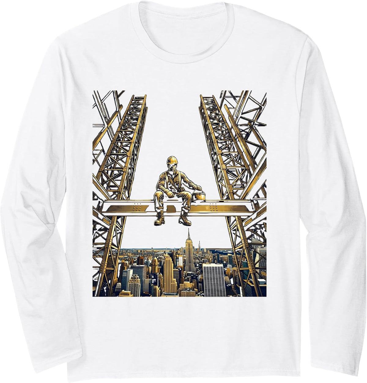 Iron Worker Skyscraper Steel Beam Silhouette Long Sleeve T-Shirt - Adult Unisex White