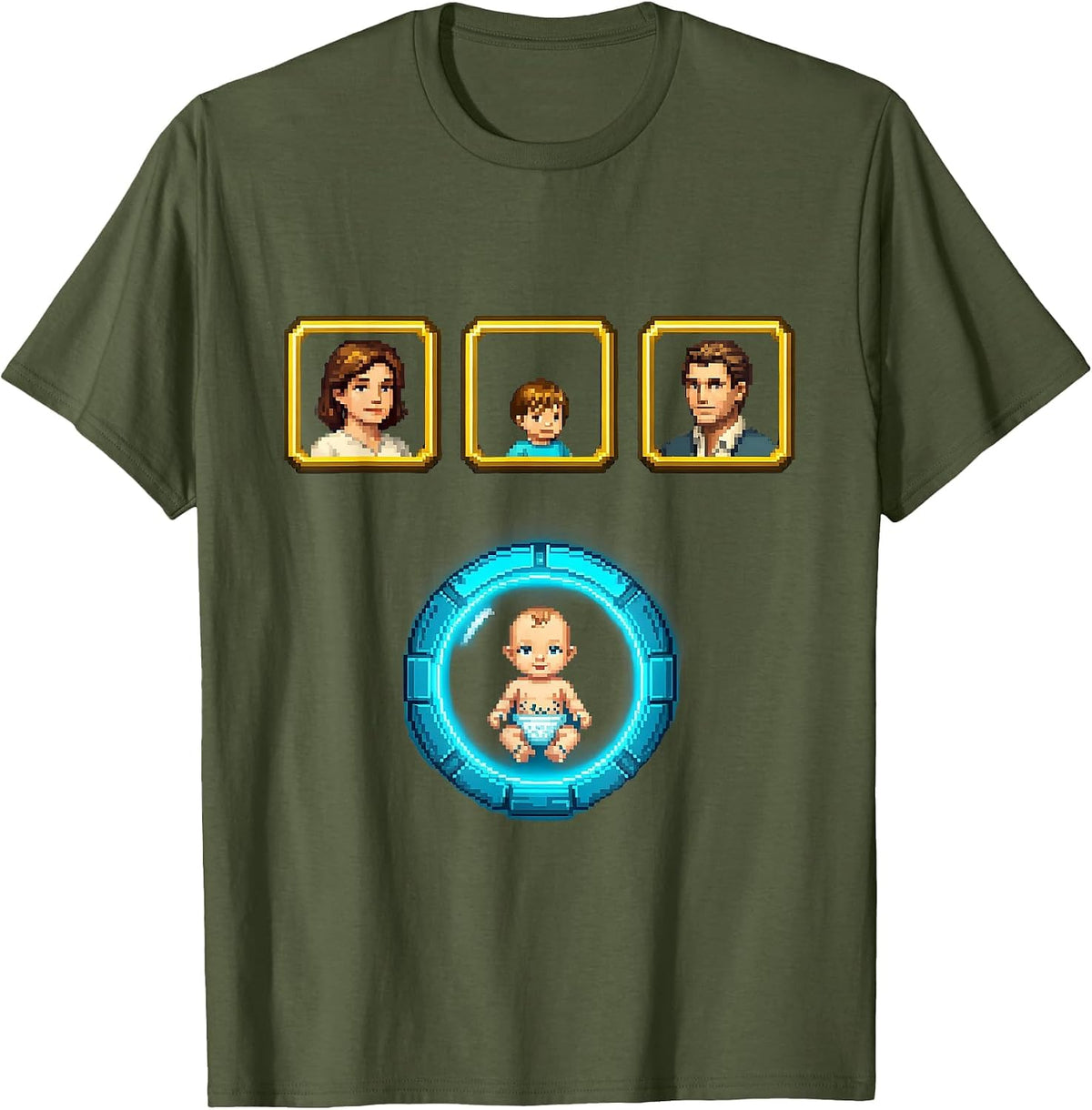 Men's Pixel Party Roster Gamer Dad Pregnancy Announcement T-Shirt - Olive Green