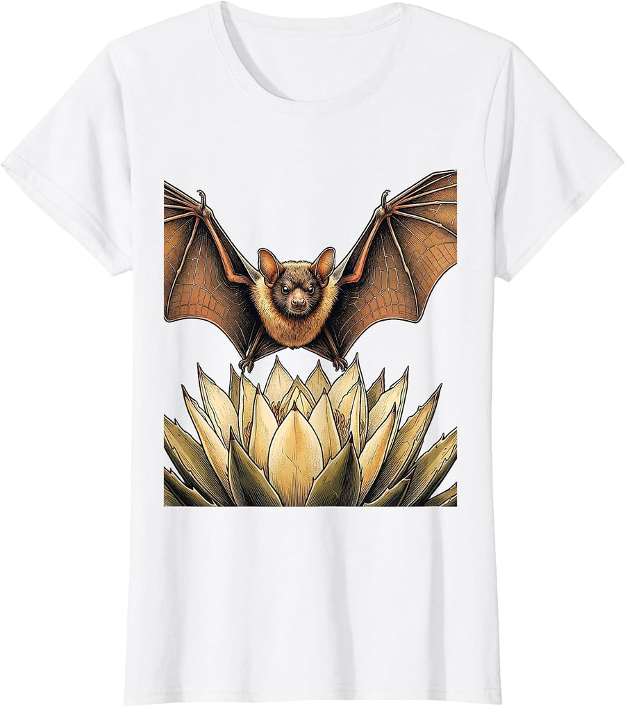 Women's Nectar Bat Agave Bloom Wildlife Conservation Halloween T-Shirt - White