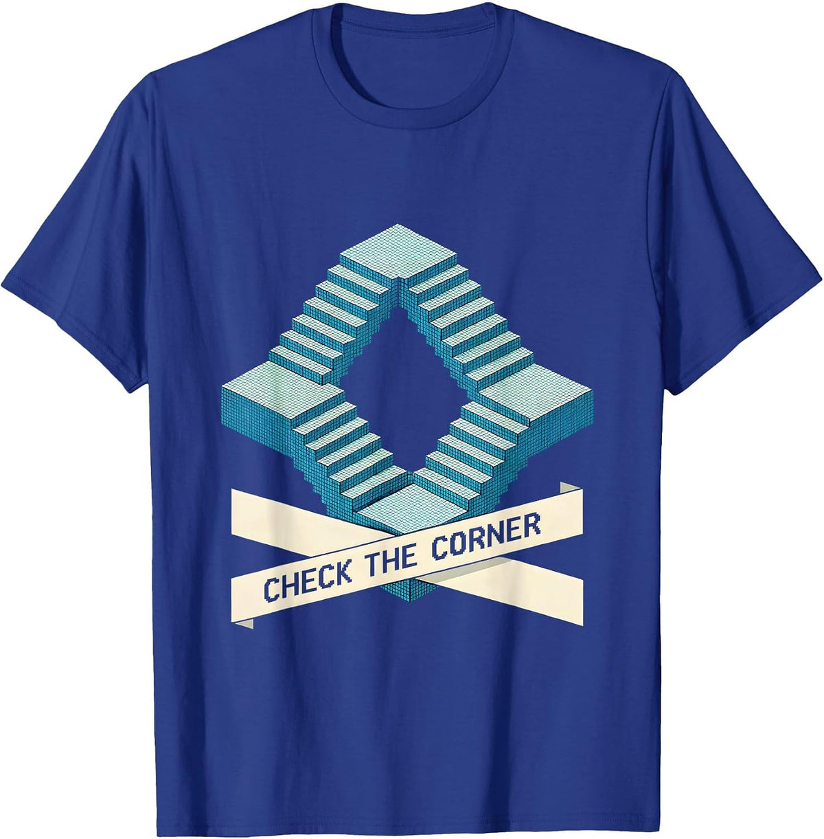 Men's CHECK THE CORNER Pixel Art Optical Illusion Trippy Gift T-Shirt - Royal Blue