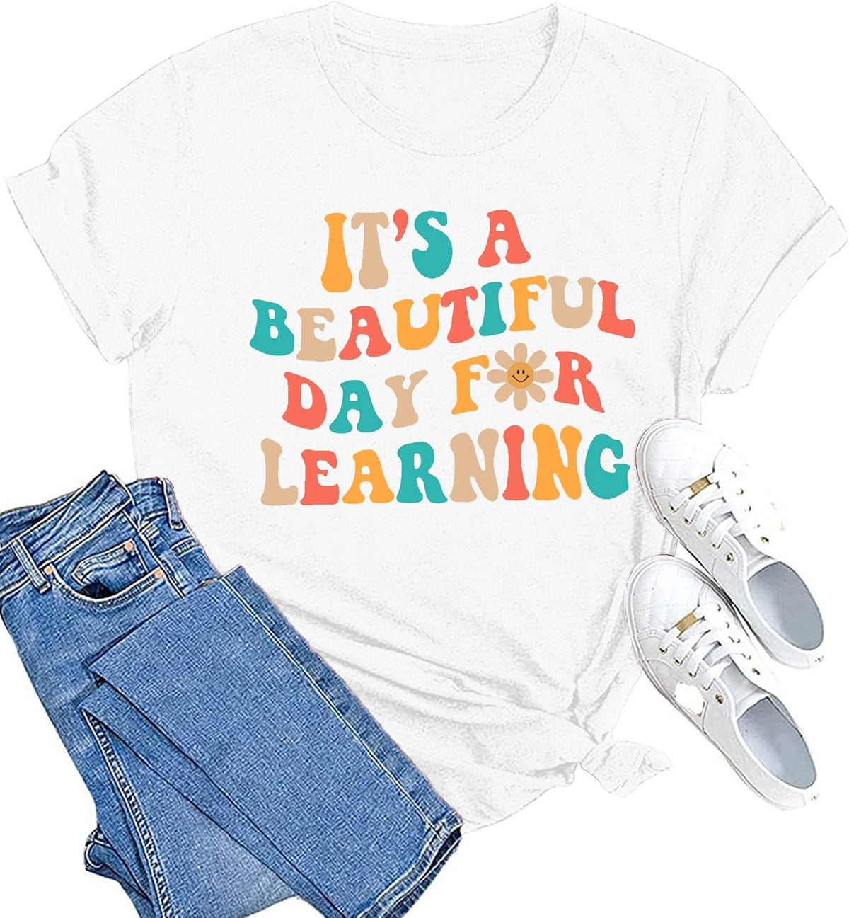 Women Teacher Life Shirt Teacher Gift Short Sleeve Shirts It s a Beautiful Day for Learning T-Shirt - White