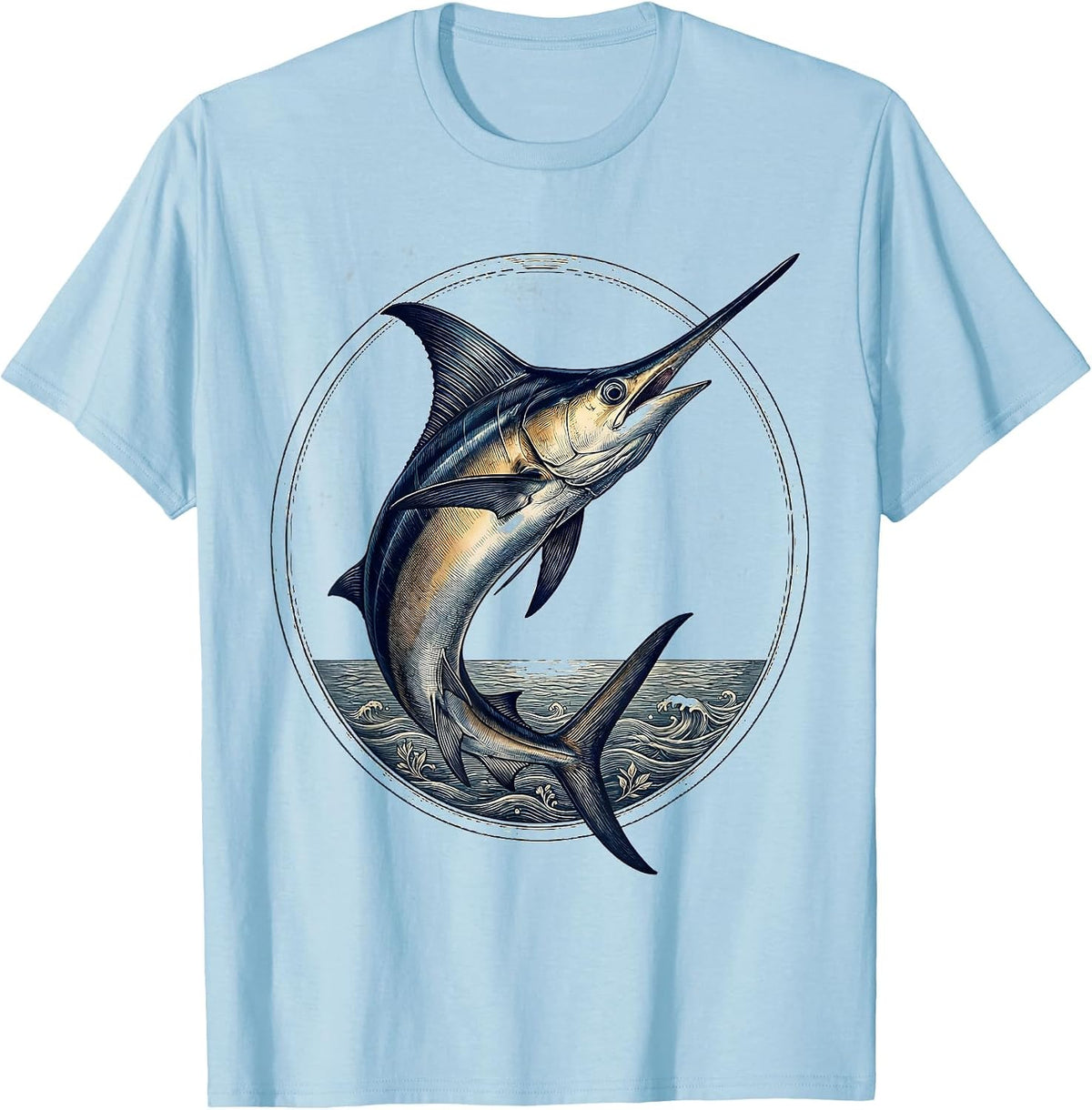 Men's Swordfish Breaking Ocean Surface Fishing Graphic T-Shirt - Baby Blue