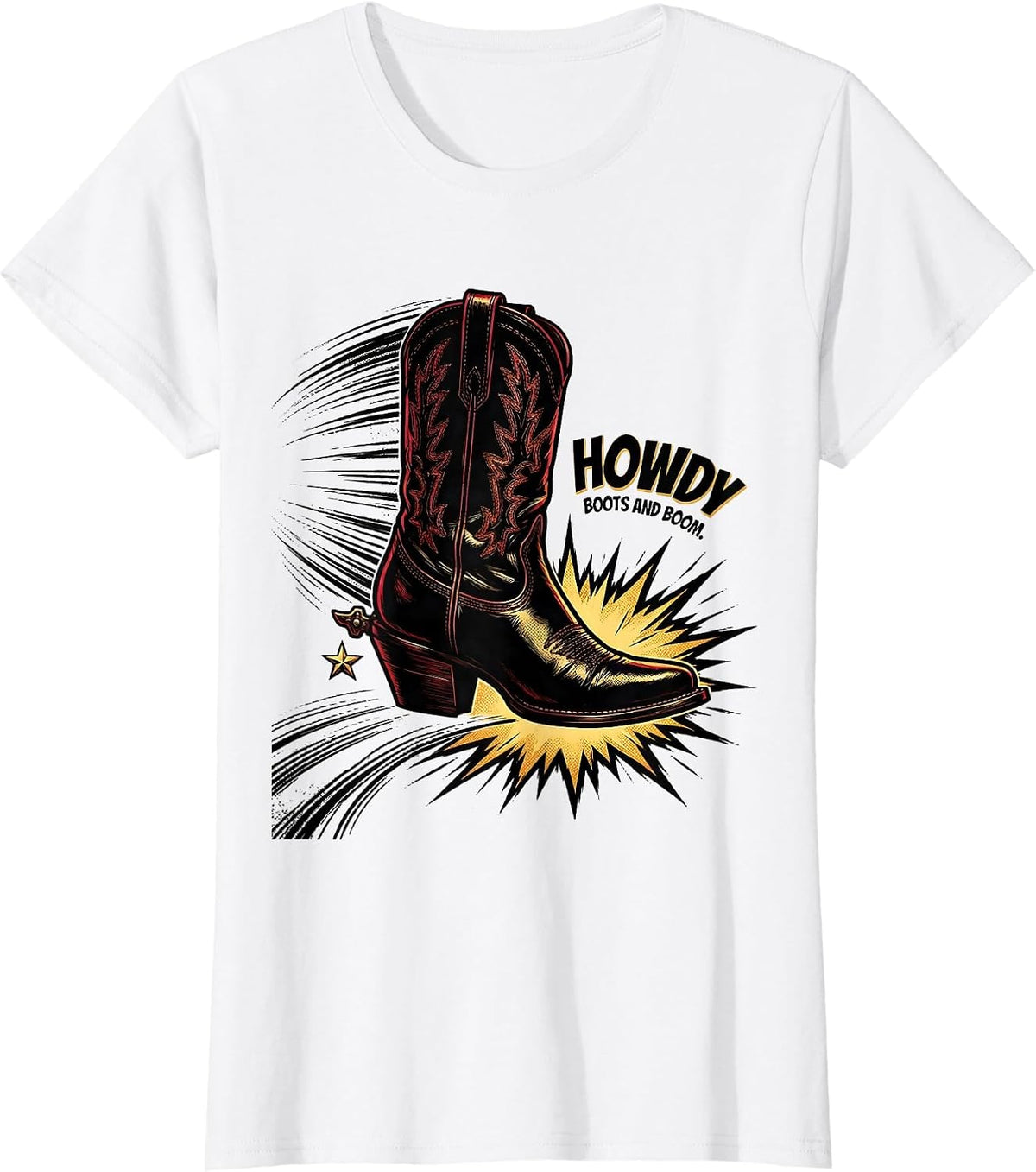 Women's Howdy Boots and Boom Comic Book Cowgirl Western Pride T-Shirt - White