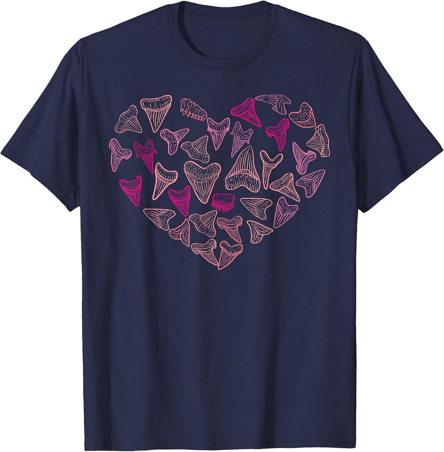 Types of Sharks, Tooth Hearts, Valentine's Day, Fossil Marine Biology T-Shirt - Navy Blue