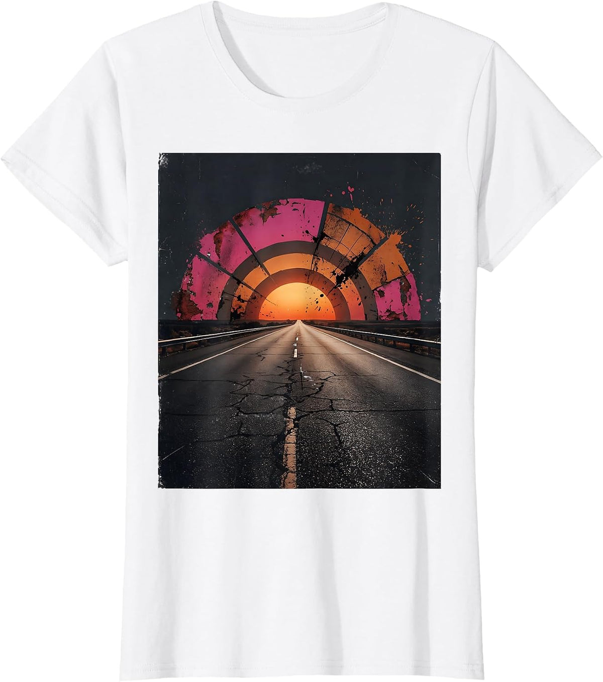 Neon Grid Highway Retro 80s Synthwave Design T-Shirt - White