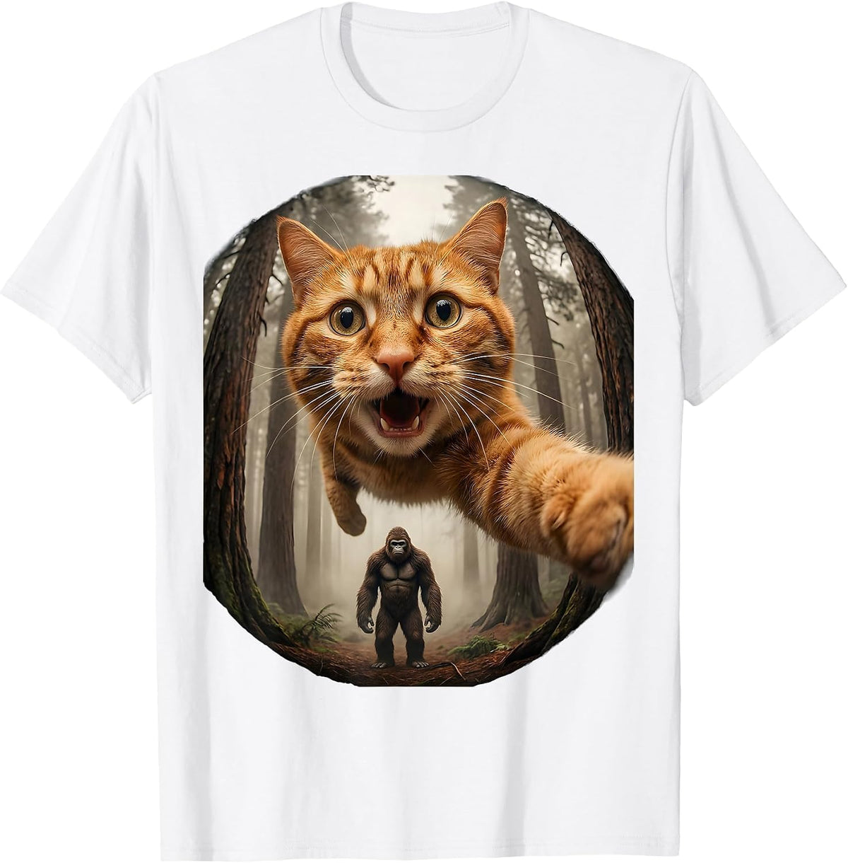 Fisheye Cat Bigfoot Meme Humor Gift for Cat Lovers T-Shirt - White
