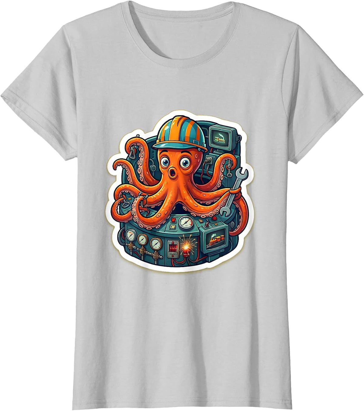 Women's Octopus Engineer Chaos Train Control Room T-Shirt - Silver Grey