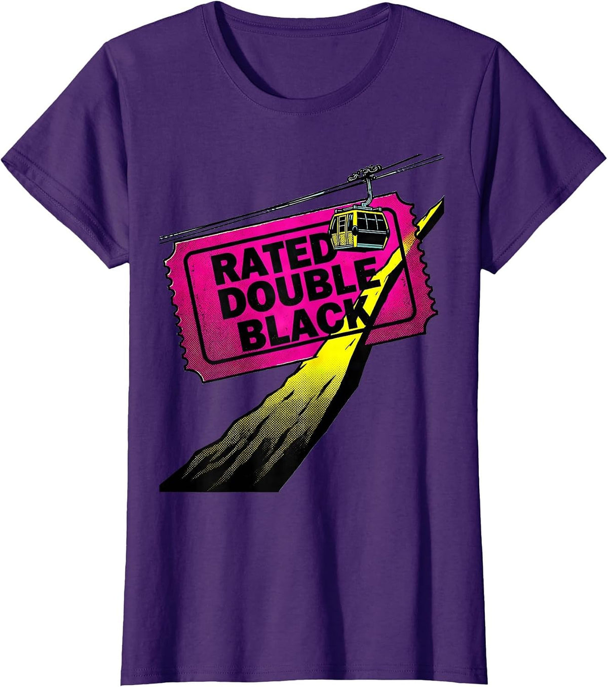 Women's Rated Double Black Pop Art Ski Snowboard Winter Sports Humor T-Shirt - Purple