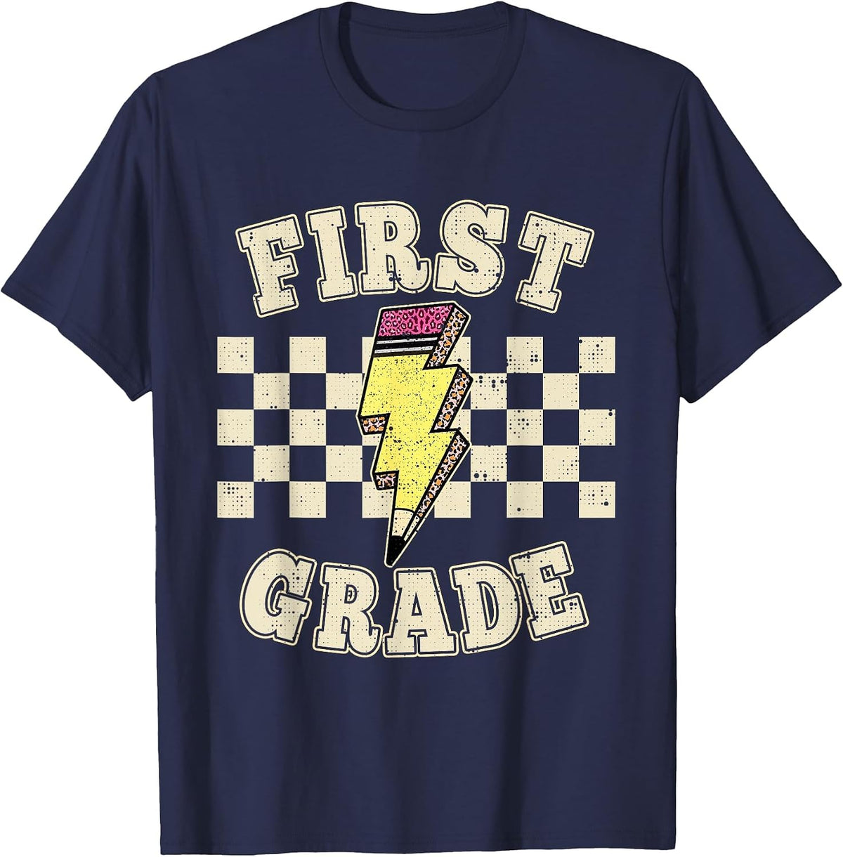 First Grade Lighting Bolt Pencil Retro 1st Grade Teacher T-Shirt - Navy Blue