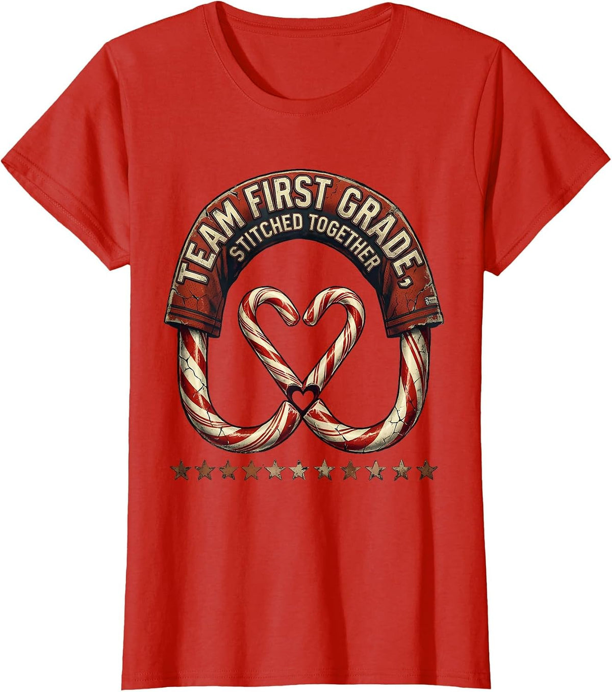 Team First Grade Stitched Together Distressed Teacher T-Shirt - Red