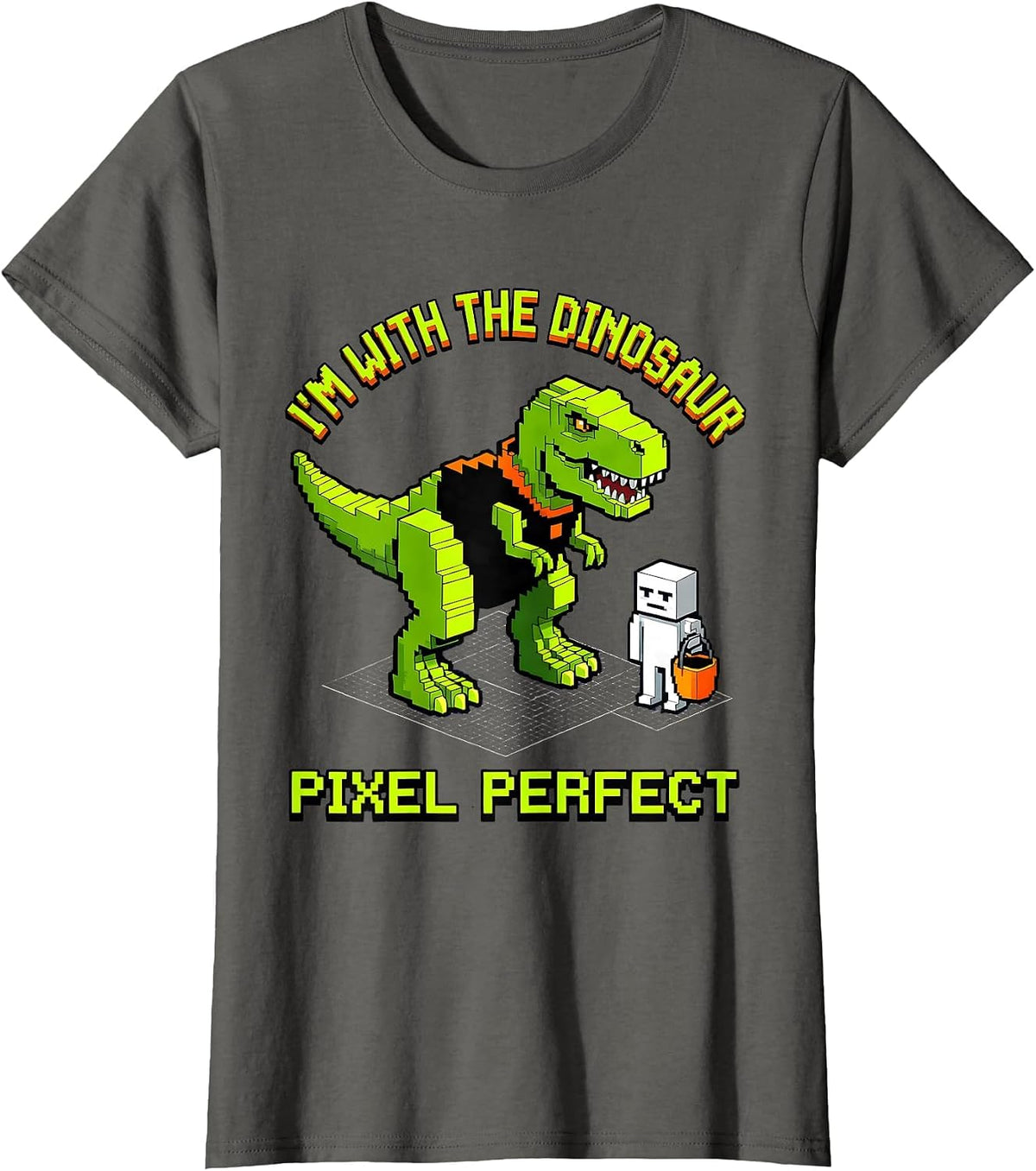 Women's I'm With The Dinosaur Pixel Perfect Funny Halloween Costume T-Shirt - Asphalt Grey