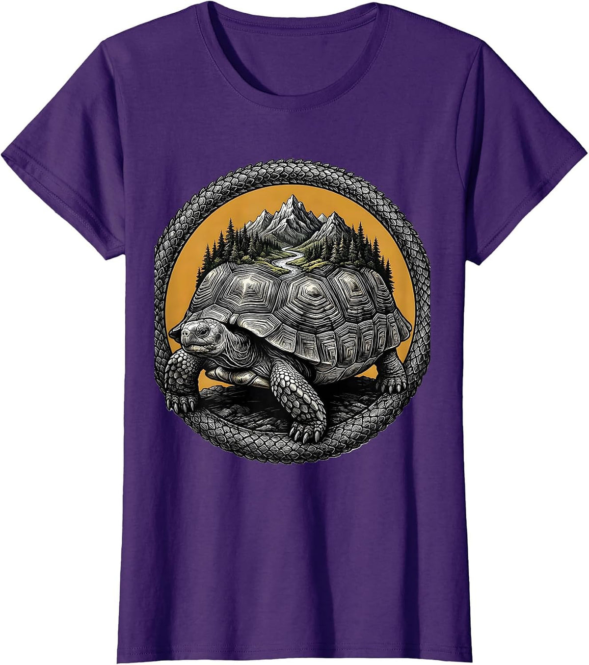 Women's Tortoise Carrying Ecosystem on Shell Nature Art T-Shirt - Purple