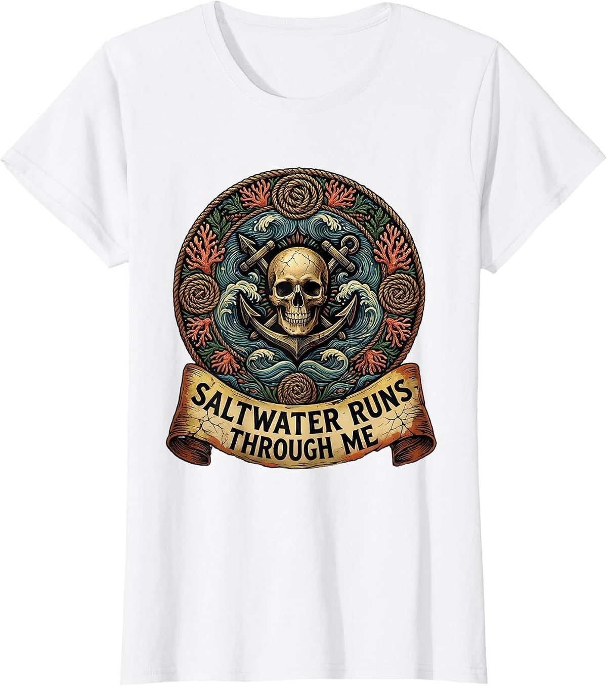 Women's Saltwater Runs Through Me Pirate Design T-Shirt - White