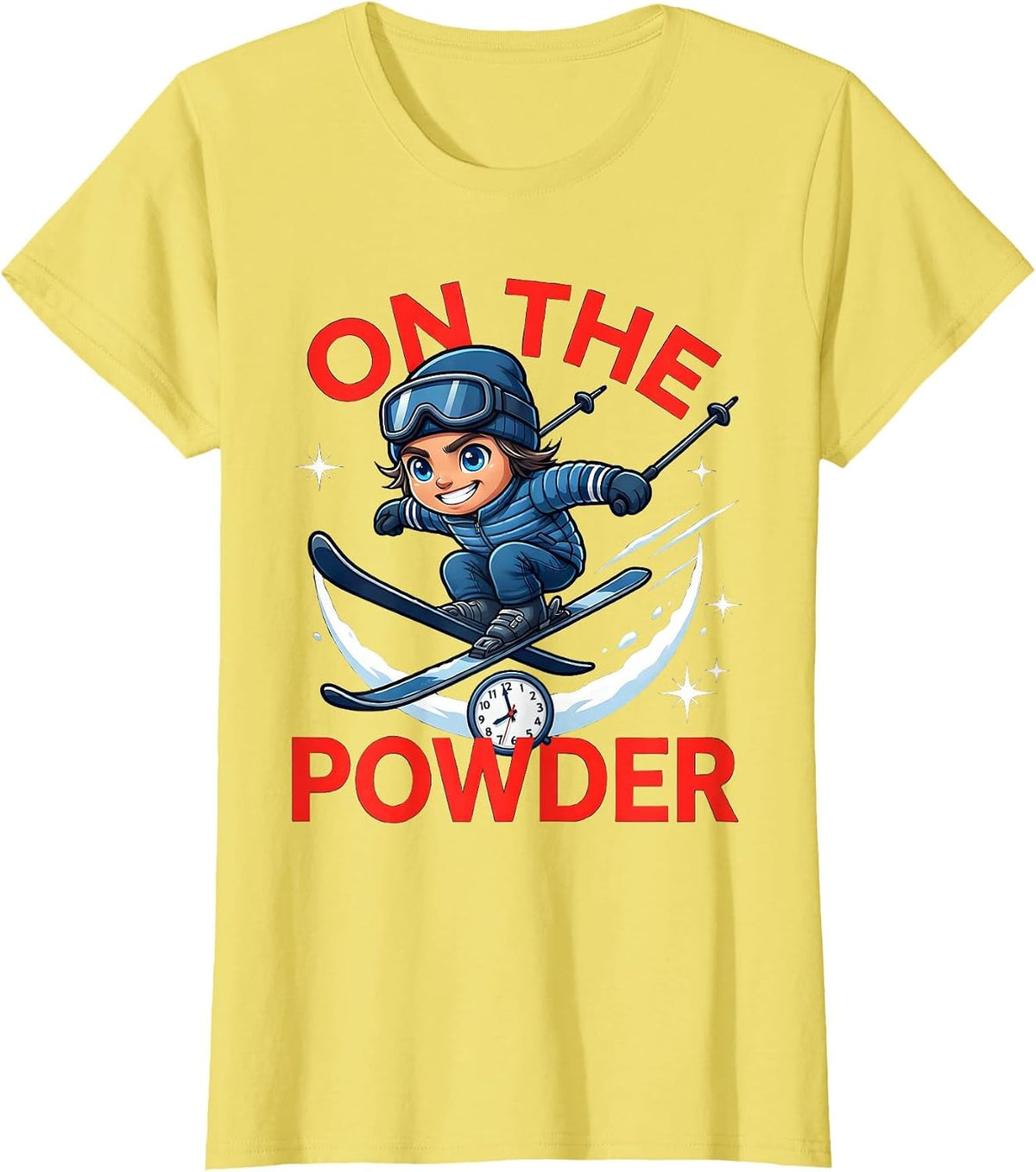 ON THE POWDER Funny Skier Snowboarder Ski Season T-Shirt - Lemon Yellow