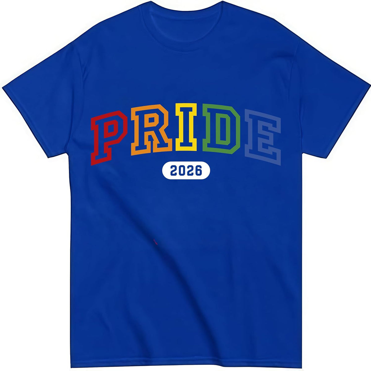 Pride 2026 Rainbow Letterman Varsity Style T-Shirt LGBTQ Pride Month Short Sleeve Tee - Crew Neck Sapphire Blue