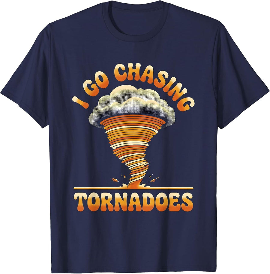I Go Chasing Tornadoes Retro 70s Storm Chaser Meteorology T-Shirt - Navy Blue