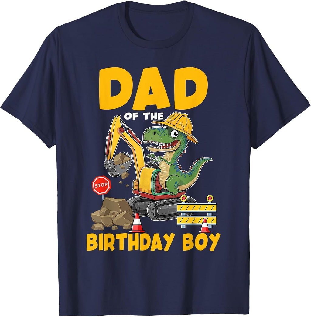 Dad of The Birthday Boy Construction Excavator Family T-Shirt - Navy Blue