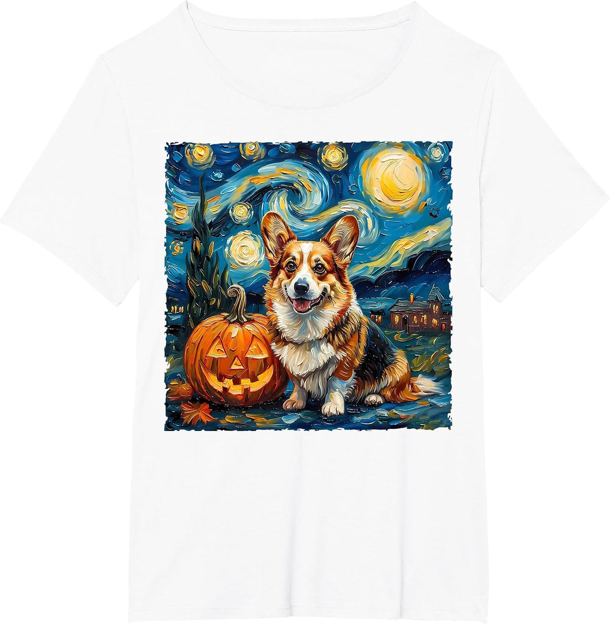 Pembroke Welsh Corgi Pumpkin Starry Night Style Halloween T-Shirt - White