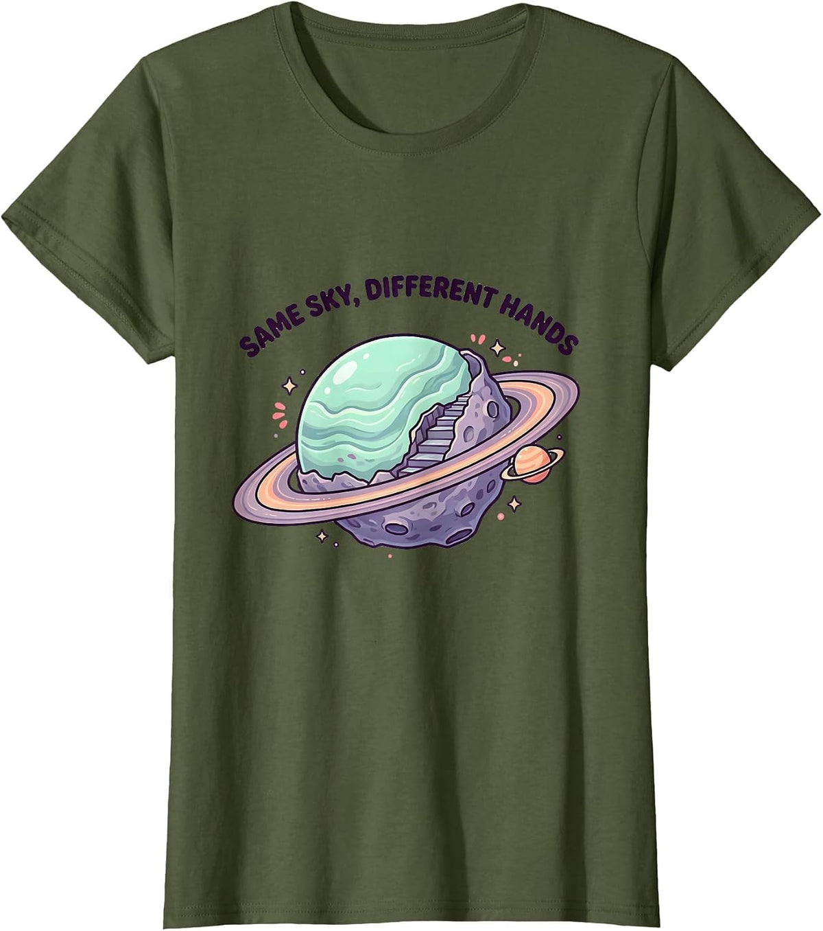 Women's Same Sky Different Hands Cute Kawaii Neurodiverse Universe T-Shirt - Olive Green