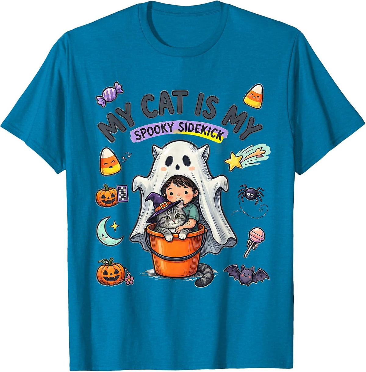 My Cat Is My Spooky Sidekick Kawaii Halloween Cat Lover Gift T-Shirt - Sapphire Blue