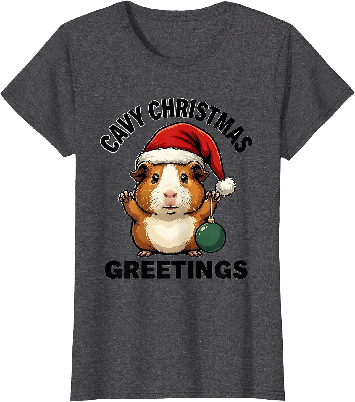 Women's Cavy Christmas Greetings Cartoon Guinea Pig Santa Hat Humor T-Shirt - Dark Heather Grey