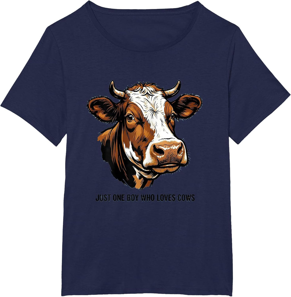 Women's Just One Boy Who Loves Cows Cartoon Farm Kid Humor T-Shirt - Navy Blue