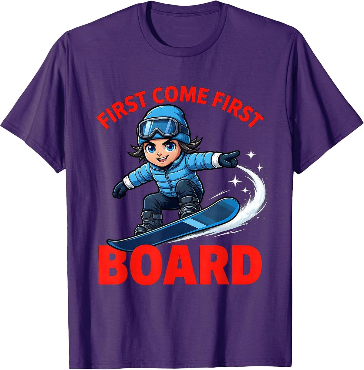 Men's FIRST COME FIRST BOARD Funny Snowboarder Snowboarding Gift T-Shirt - Purple