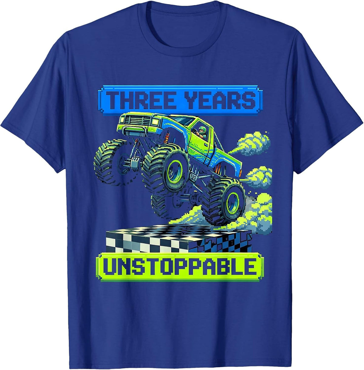 Three Years Unstoppable Pixel Art Monster Truck 3rd Birthday T-Shirt - Royal Blue